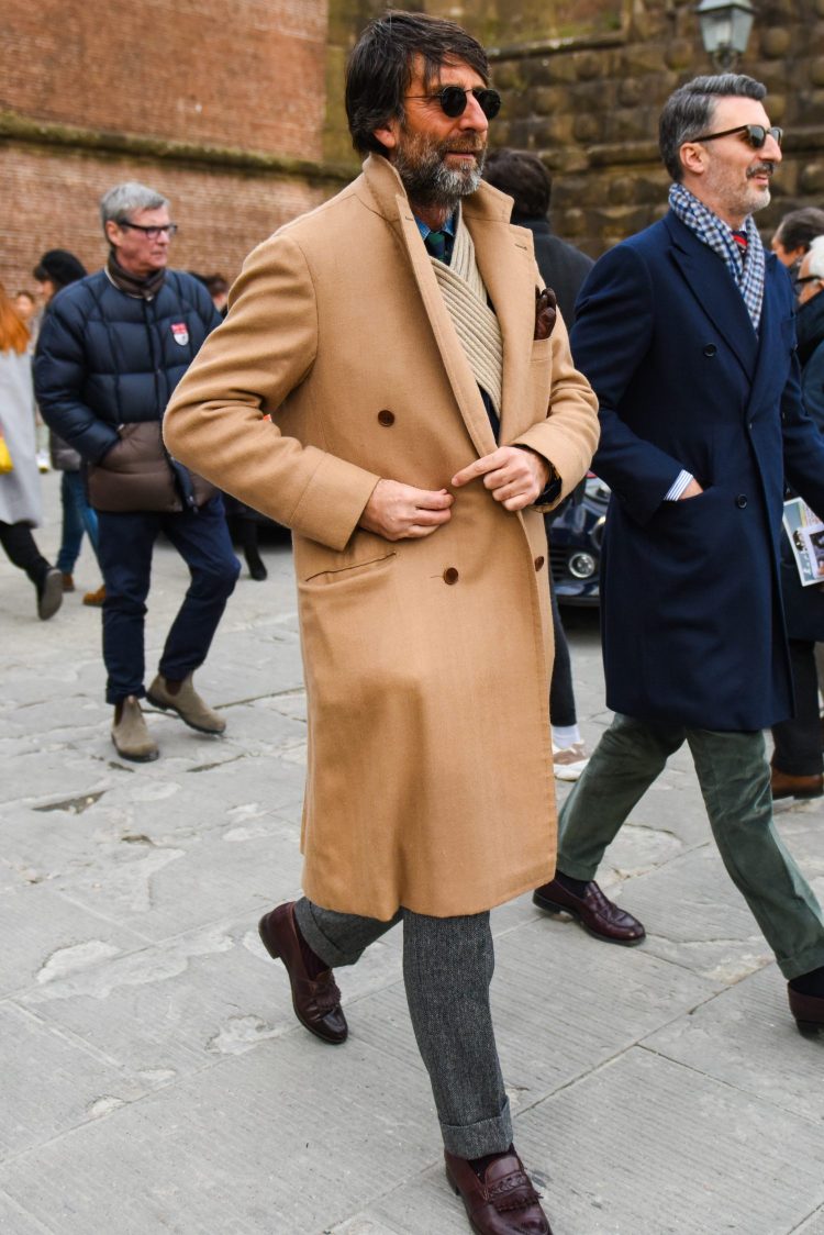 Elegant adult dress style with camel coat and gray pants