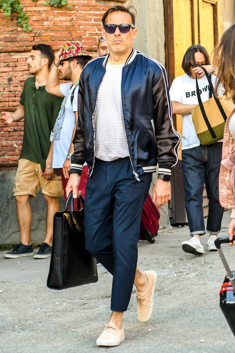 Spring coordinate of nylon outerwear with side lines for a sporty look