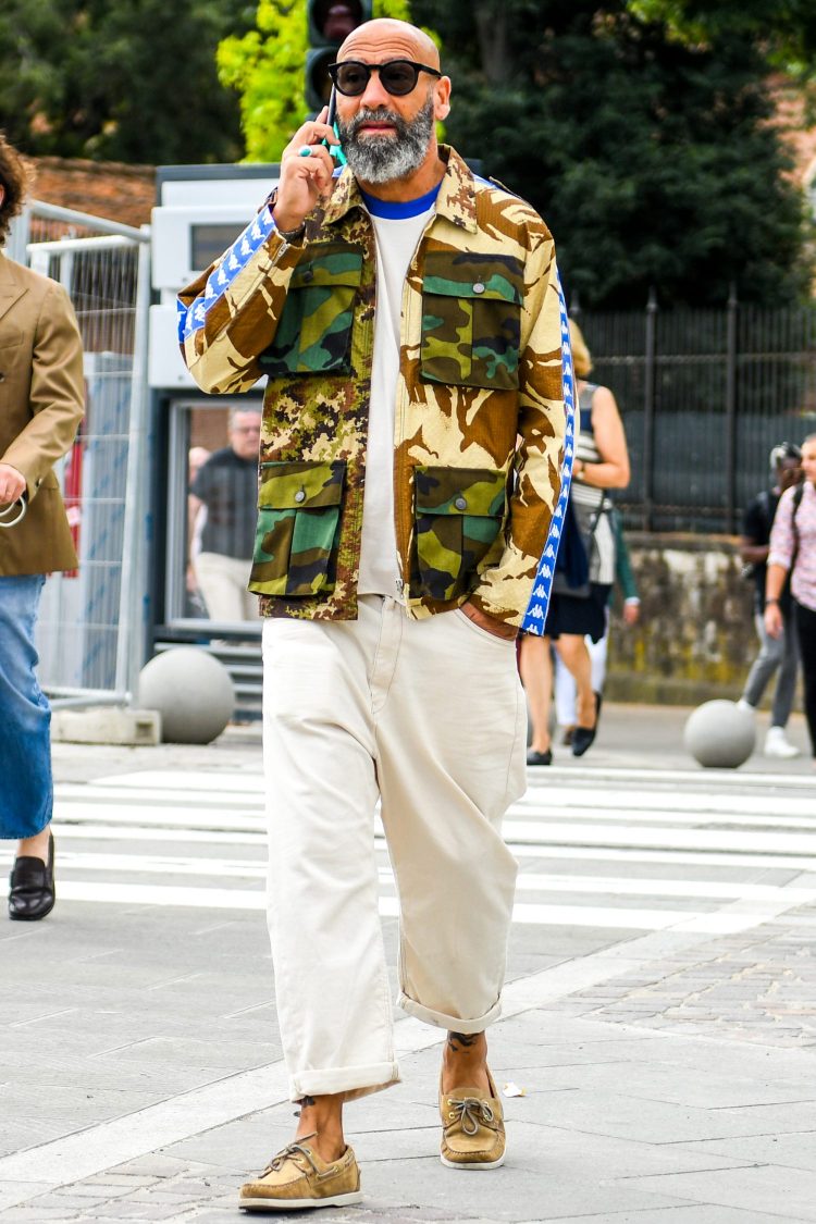 Men's coordinate of punchy outerwear with white jeans