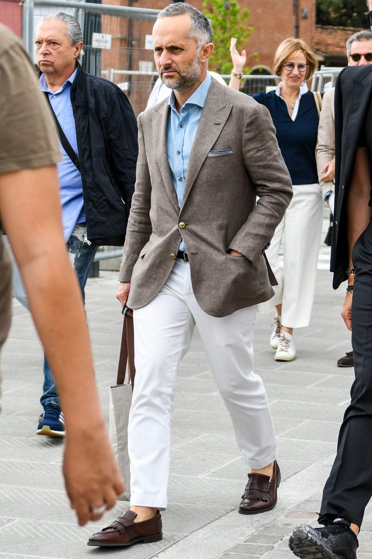 The expressive mocca blazer adds adult dignity to jacket coordination.