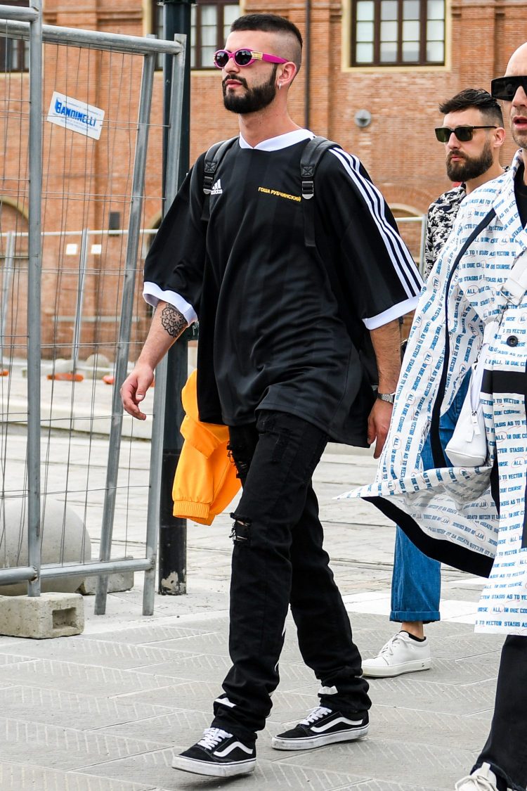 Black denim monotone coordinates with a mix of football and skater touches