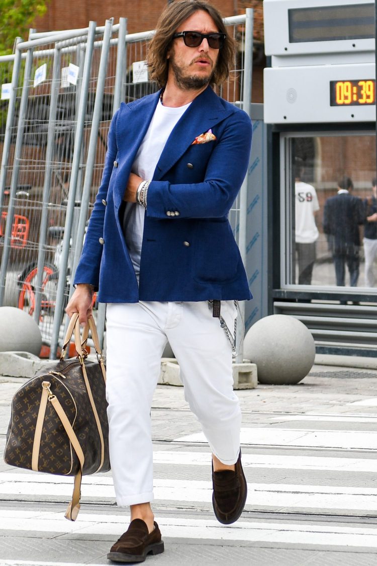Beautiful blue blazer jacket coordination with brown accessories to add a touch of glamour