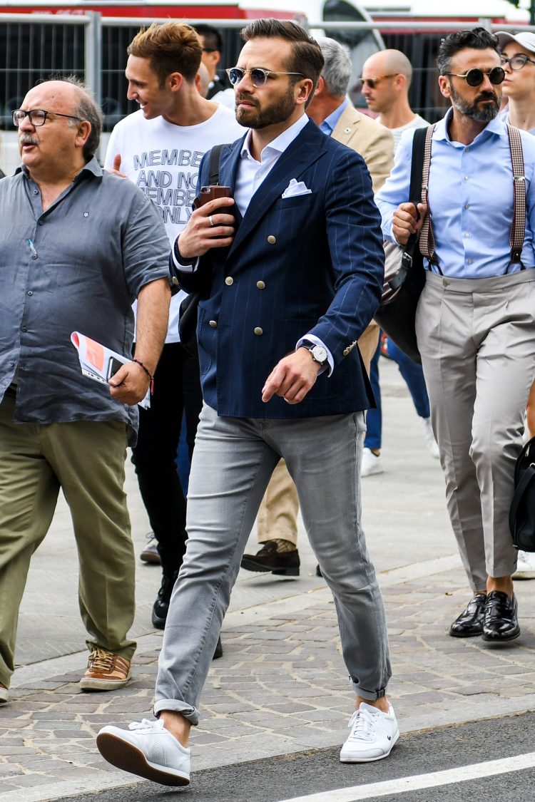 A clever blend of dress and casual wear in a navy blazer jacket coordinate