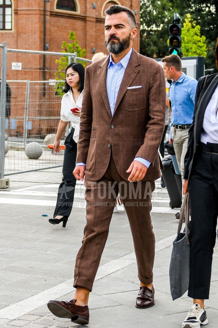 Spring, summer and fall men's coordinate outfit with plain light blue shirt, brown coin loafer leather shoes and plain brown suit.
