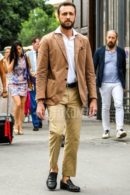 Summer-spring-fall men's coordinate outfit with plain beige tailored jacket, plain white shirt, plain brown leather belt, plain beige chinos, and black coin loafer leather shoes.