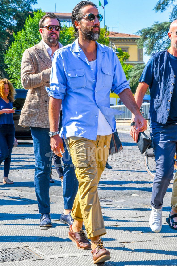 A spring/summer men's coordinate outfit with plain sunglasses, plain white t-shirt, plain blue shirt, plain beige cotton pants, and brown plain-toe leather shoes.