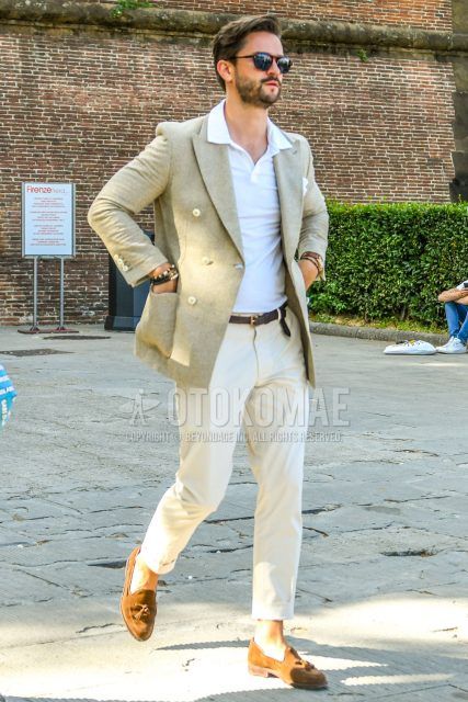 Summer-spring-fall men's coordinate outfit with tortoiseshell sunglasses, plain beige tailored jacket, plain white polo shirt, plain brown leather belt, plain beige chinos, brown tassel loafers leather shoes, suede shoes leather shoes.