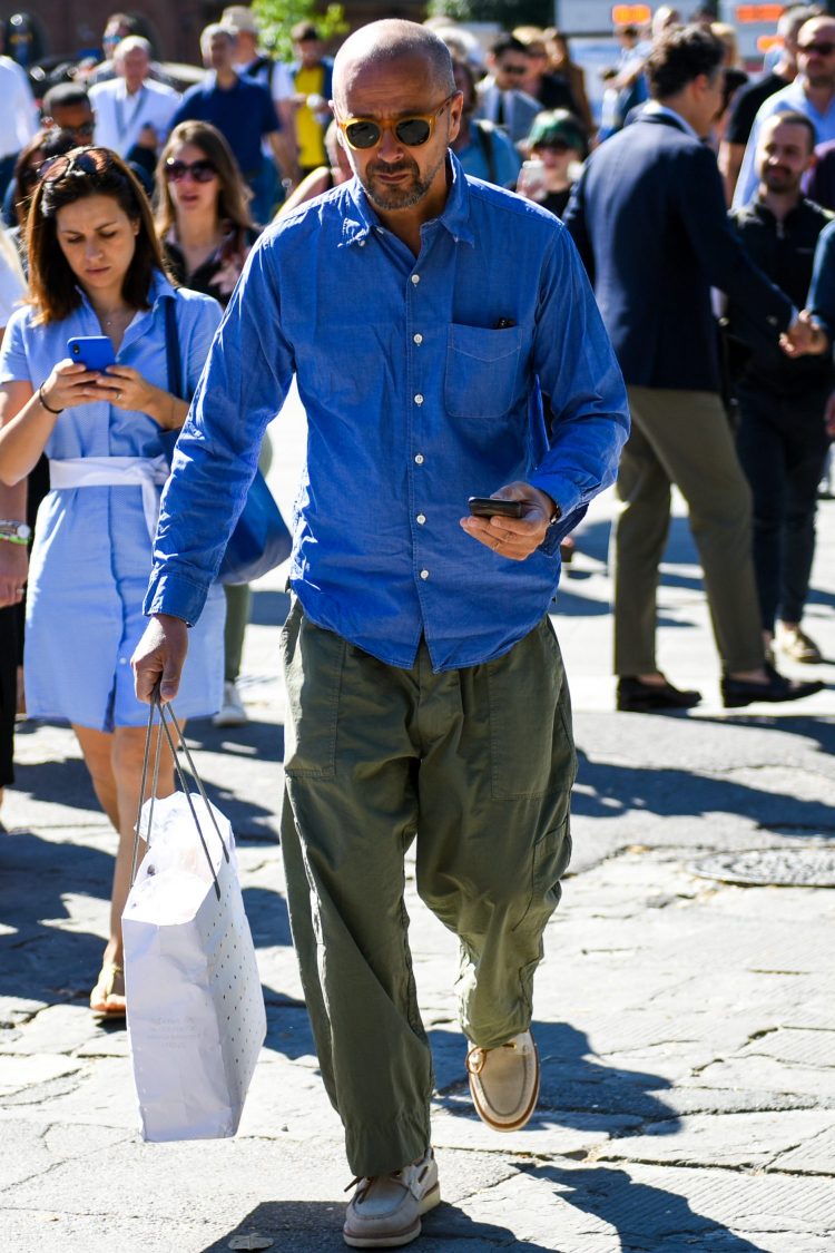 Denim shirt coordinates with silhouette and color contrast for a crisp look