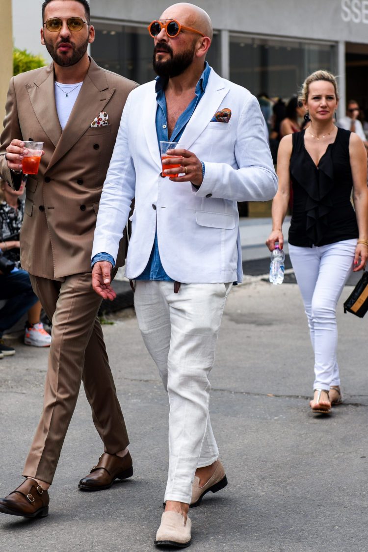 White-on-white jackets coordinate with denim shirt to create a rhythm