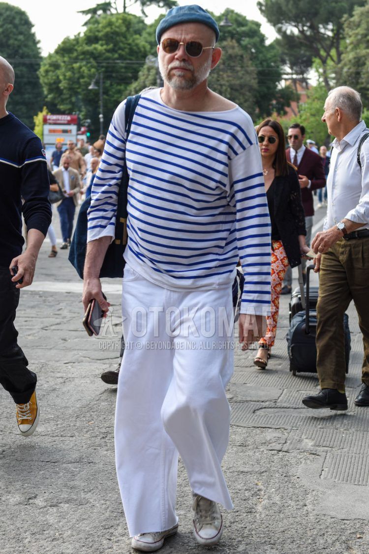 Summer/spring men's coordinate outfit with plain blue others, plain brown sunglasses, white/blue striped t-shirt, plain white cotton pants, plain wide-leg pants, and white high-cut sneakers.