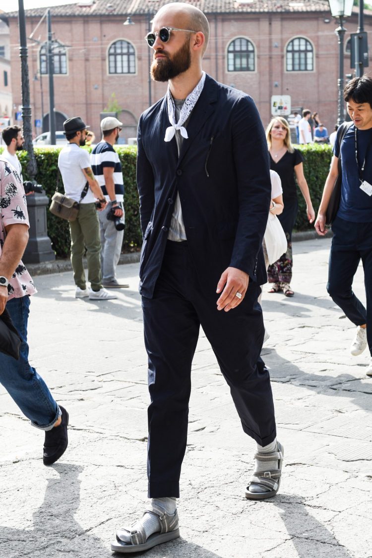 Navy suit with gray sandals