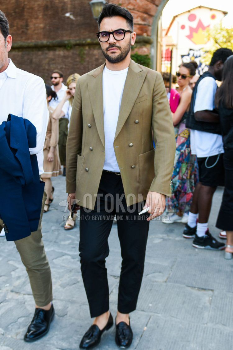 Spring, fall and summer men's coordinate outfit with Tom Ford plain black glasses, plain beige tailored jacket, plain white t-shirt, dark gray plain slacks and black tassel loafer leather shoes.