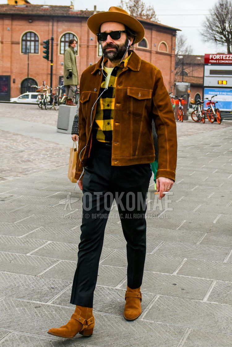 Fall and winter men's outfit with plain brown hat, plain sunglasses, plain brown denim jacket, yellow checked shirt, plain white t-shirt, plain black slacks, and brown other boots.