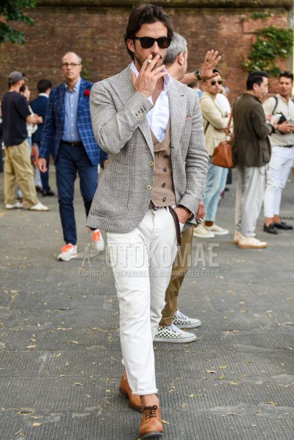 Spring, summer and fall men's coordinate outfit with plain black sunglasses, gray checked tailored jacket, plain white shirt, plain brown gilet, plain white cotton pants and brown plain toe leather shoes.