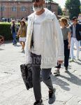 Spring, summer and fall men's coordinate outfit with plain silver/black sunglasses, plain white hooded coat, plain white t-shirt, plain gray other, and gray low-cut sneakers.