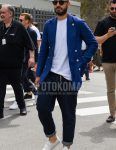 Spring/Summer/Fall men's coordinate outfit with plain black sunglasses, plain blue tailored jacket, plain white t-shirt, plain navy denim/jeans, and white low-cut sneakers from Vans.