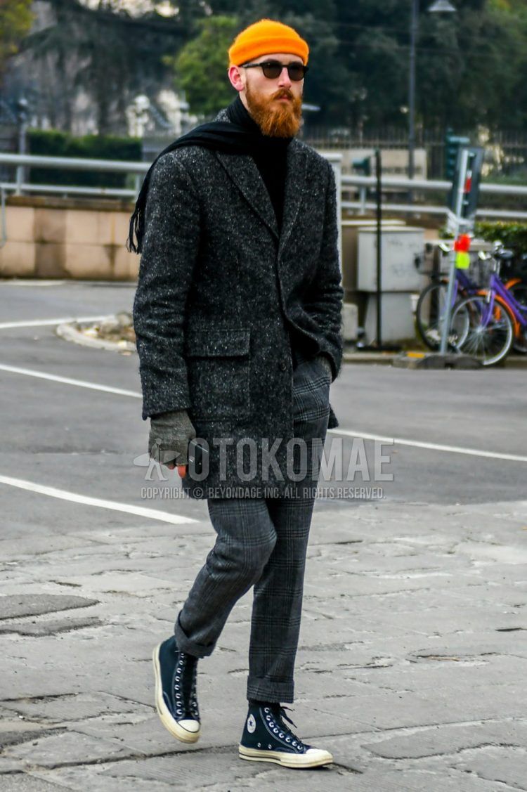 Men's fall/winter outfit with plain orange knit cap, plain black Boston sunglasses, plain black scarf/stall, gray other chester coat, glen check gray check slacks, and Converse All Star navy high-cut sneakers.