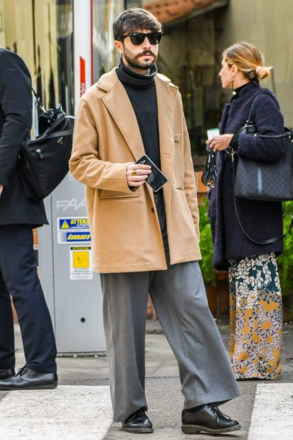 Men's camel coat with light gray wool wide pants