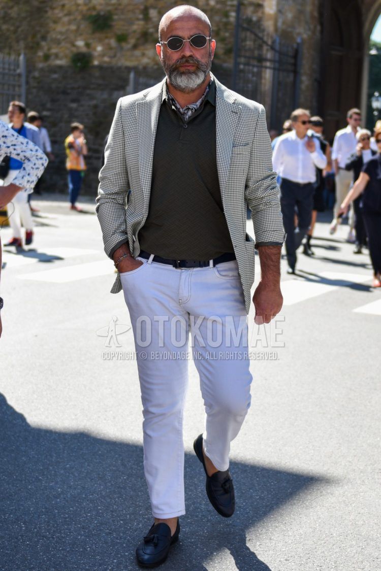 Black and silver plain sunglasses, multi-colored and other bandana/neckerchief, white and black checked tailored jacket, olive green plain polo shirt, black plain leather belt, white plain cotton pants, plain ankle pants, black tassel loafer leather shoes for spring and fall Men's Corded Outfits.