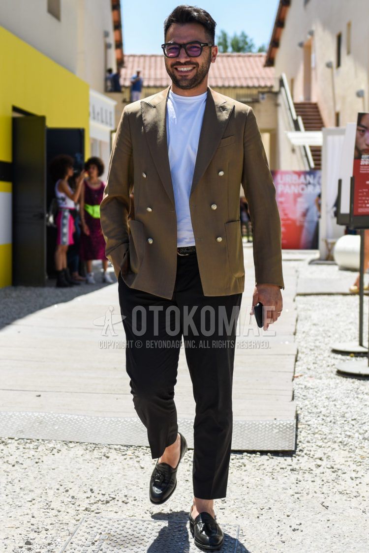 Spring, summer and fall men's coordinate outfit with plain black glasses, plain olive green tailored jacket, plain white t-shirt, plain black ankle pants and black tassel loafer leather shoes.