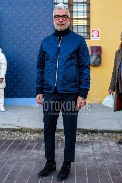 Fall and winter men's coordinate outfit with Tom Ford plain black glasses, plain navy quilted jacket, plain navy MA-1, plain black turtleneck knit, plain dark gray wool pants, and suede black other boots.