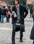 Fall and winter men's coordinate outfit with purple solid knit cap, black solid other, gray solid sweater, white solid t-shirt, black solid other, black other and black other boots.