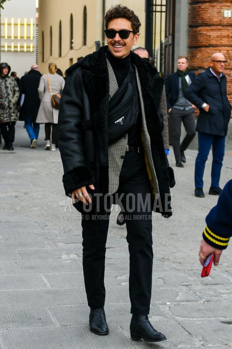 Fall/Winter with plain black Wellington sunglasses, plain black scarf/stall, plain black leather jacket (not rider's), grey checked tailored jacket, plain black turtleneck knit, plain black denim/jeans, black other boots, plain black Prada body bag. Men's Cordage Outfit.