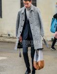 Winter men's outfit with plain gray stainless steel collar coat, plain gray belted coat, plain gray turtleneck knit, dark gray plain socks, black monk shoes leather shoes, plain white/brown tote bag, and dark gray plain suit.