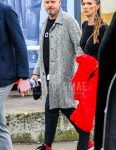 Winter men's coordinate outfit with plain gray stainless steel coat, plain black sweater, plain black slacks, plain black socks, and Nike Jordan 1 red/black high-cut sneakers.