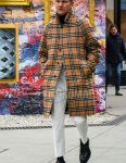 Winter/fall men's coordinate outfit with Burberry check beige check stainless steel coat, plain black turtleneck knit, plain white cotton pants, plain black socks, and black coin loafer leather shoes.