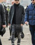 Winter men's coordinate outfit with solid color sunglasses, solid color dark gray stainless steel collar coat, solid color black turtleneck knit, solid color dark gray denim/jeans, and dark gray side gore boots.
