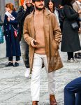 Other plain colors, a plain beige stainless steel collar coat, a plain beige sweater, plain white cotton pants, and brown side gore boots are worn with this men's fall/winter outfit.