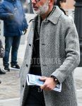 Winter men's coordinate outfit with plain glasses, gray herringbone stainless steel collar coat, dark gray plain denim/jeans, and black other boots.