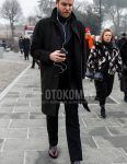 Winter men's coordinate outfit with plain black stainless steel collar coat, plain dark gray turtleneck knit, brown side gore boots, and plain black suit.