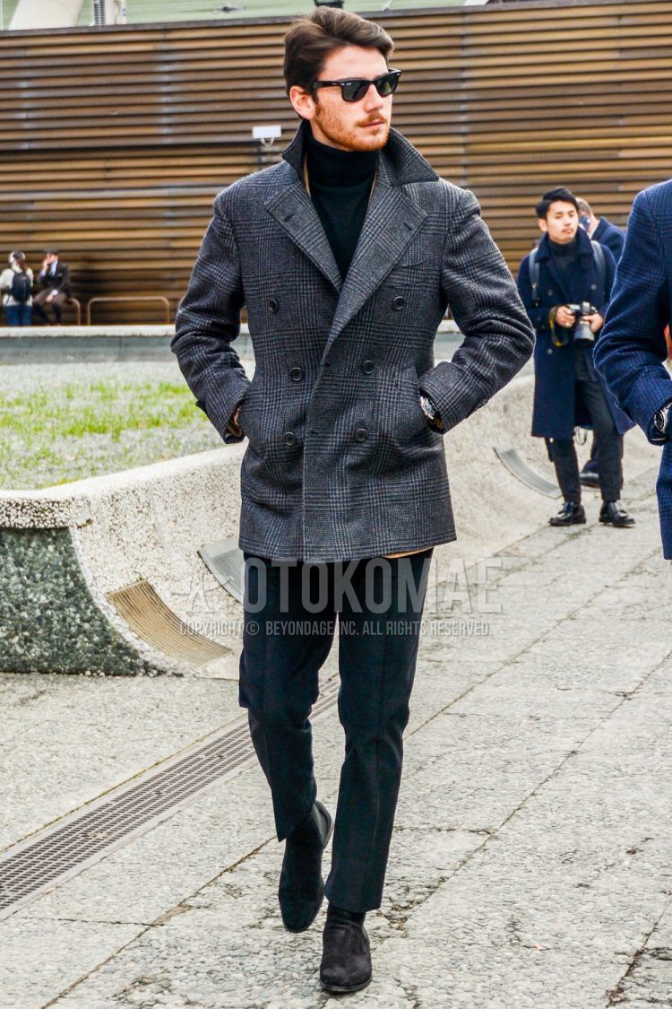 A men's fall/winter outfit with plain Ray-Ban sunglasses, a glen check gray check p-coat, a plain black turtleneck knit, plain gray slacks, and brown side gore boots.
