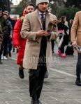 Winter men's coordinate outfit with plain gray knit cap, plain brown chester coat, plain white shirt, black country boots, plain black suit, and red or other tie.
