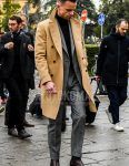 Winter men's coordinate outfit with plain brown/beige chester coat, plain black turtleneck knit, brown side gore boots, and gray checked suit.