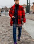 Plain glasses, red checked chester coat, plain black turtleneck knit, plain navy tailored jacket, plain navy denisla, plain purple socks, brown coin loafer leather shoes, plain brown clutch/second bag/drawl. Men's Codes and Outfits.
