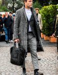 Glencheck gray check chester coat, glencheck gray check tailored jacket, plain white shirt, plain black leather belt, plain gray slacks, plain black socks, plain black straight tip leather shoes, plain black briefcase/handbag Fall/Winter men's coordinate outfit.