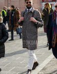 Winter men's coordinate outfit with plain sunglasses, brown checked stainless steel coat, plain white shirt, plain white cotton pants, brown side gore boots, and multi-colored dot tie.