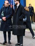 Winter men's coordinate outfit with plain sunglasses, plain black stainless steel collar coat, plain white shirt, dark gray plain slacks, plain white socks, and black tassel loafer leather shoes.