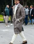 Winter men's coordinate outfit with plain sunglasses, multi-colored checked stainless steel coat, plain white turtleneck knit, beige/black and other boots, and plain white suit.