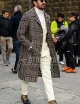 A winter men's outfit of plain sunglasses, brown checked stainless steel coat, plain white turtleneck knit, brown other boots, and plain white suit.