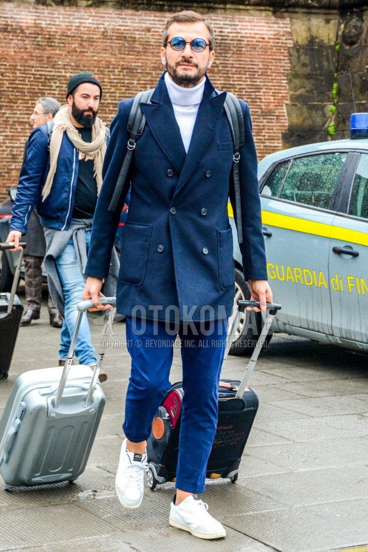 Men's coordinate and outfit with plain sunglasses, plain navy chester coat, plain white turtleneck knit, plain blue winter pants (corduroy,velour), and white low-cut sneakers.