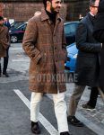 Winter men's coordinate outfit with brown check stainless steel stainless steel coat, plain black turtleneck knit, plain white cotton pants, plain black socks, and brown tassel loafer leather shoes.