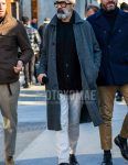 A winter men's outfit with plain glasses, a plain gray stainless steel collar coat, a plain black cardigan, a plain black sweater, plain white cotton pants, and black plain toe leather shoes.