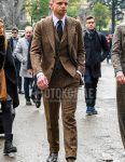 Men's fall/spring outfit with plain white shirt, brown side gore boots, brown checked three-piece suit, and plain green tie.