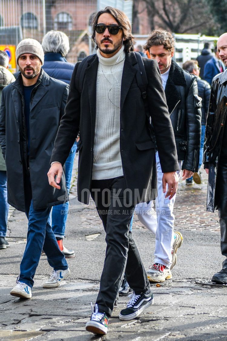 Men's coordinate and outfit with plain sunglasses, plain black chester coat, plain white turtleneck knit, plain black cotton pants, and black low-cut sneakers by Vans.