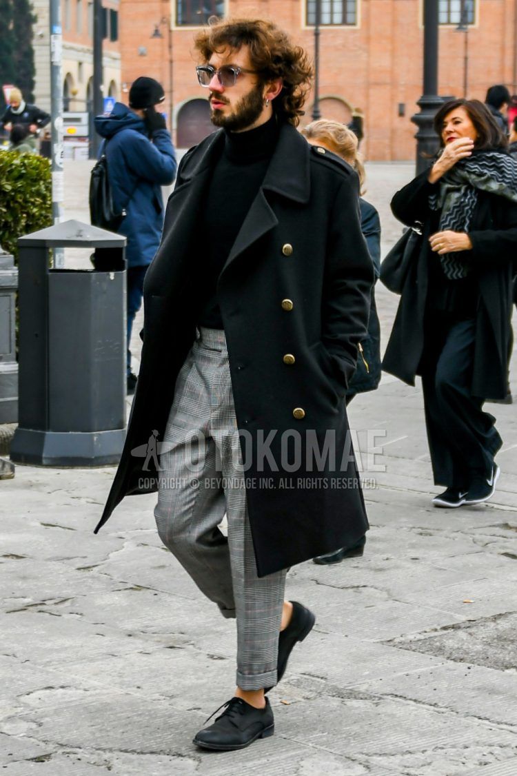 Men's coordinate and outfit with plain sunglasses, plain black Ulster coat, plain black turtleneck knit, gray checked slacks, and black suede leather shoes.