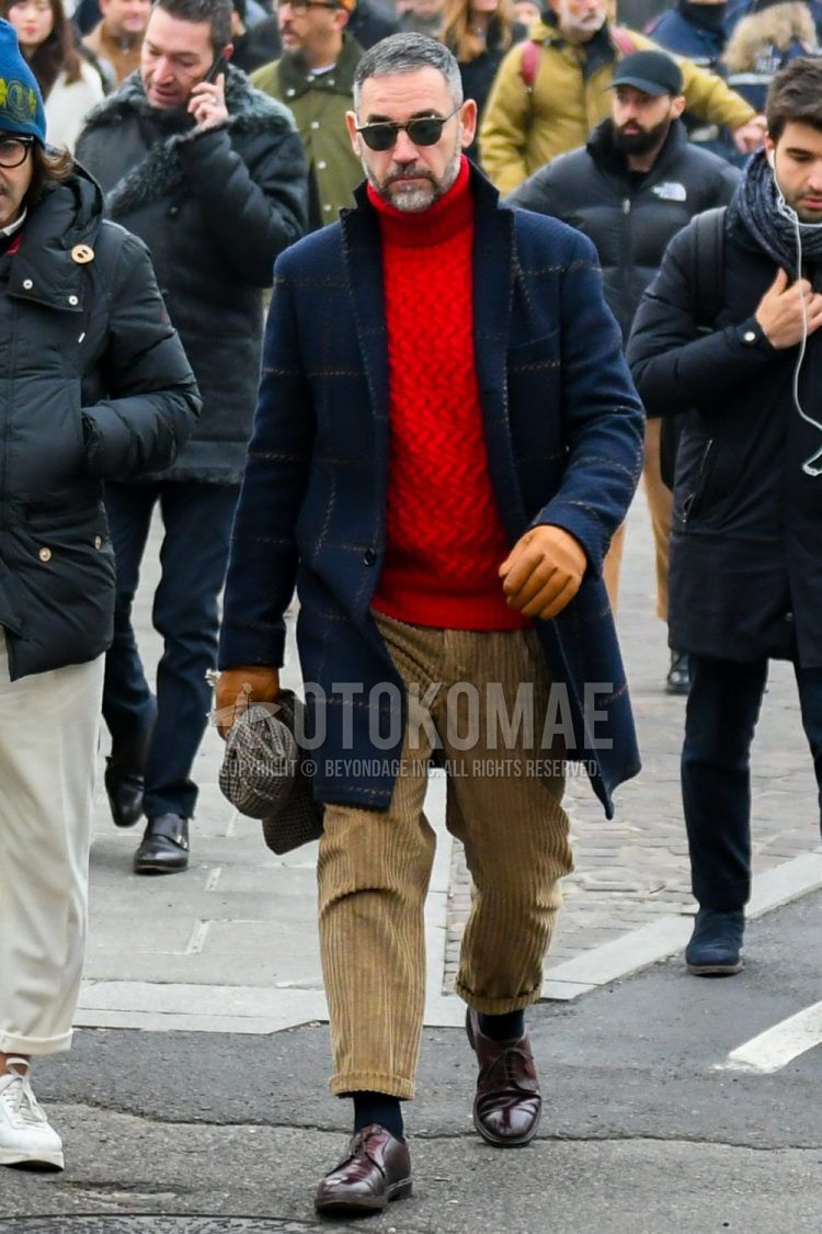 Men's coordinate and outfit with solid color sunglasses, navy check chester coat, red solid color turtleneck knit, brown solid color winter pants (corduroy, velour), navy solid color socks, brown plain toe leather shoes.